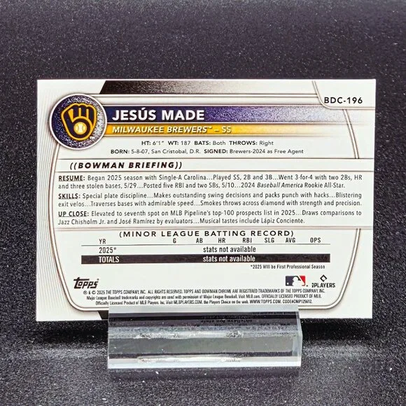 2025 Jesus Made Bowman Chrome Lazer Foil RC's Milwaukee Brewers Top Prospect - Picture 5 of 5